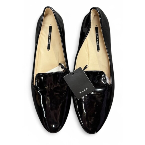 Zara Shoes - Zara Women’s Black Patent Leather Slip On Flat Loafers Gold Heel Size 41 NWT